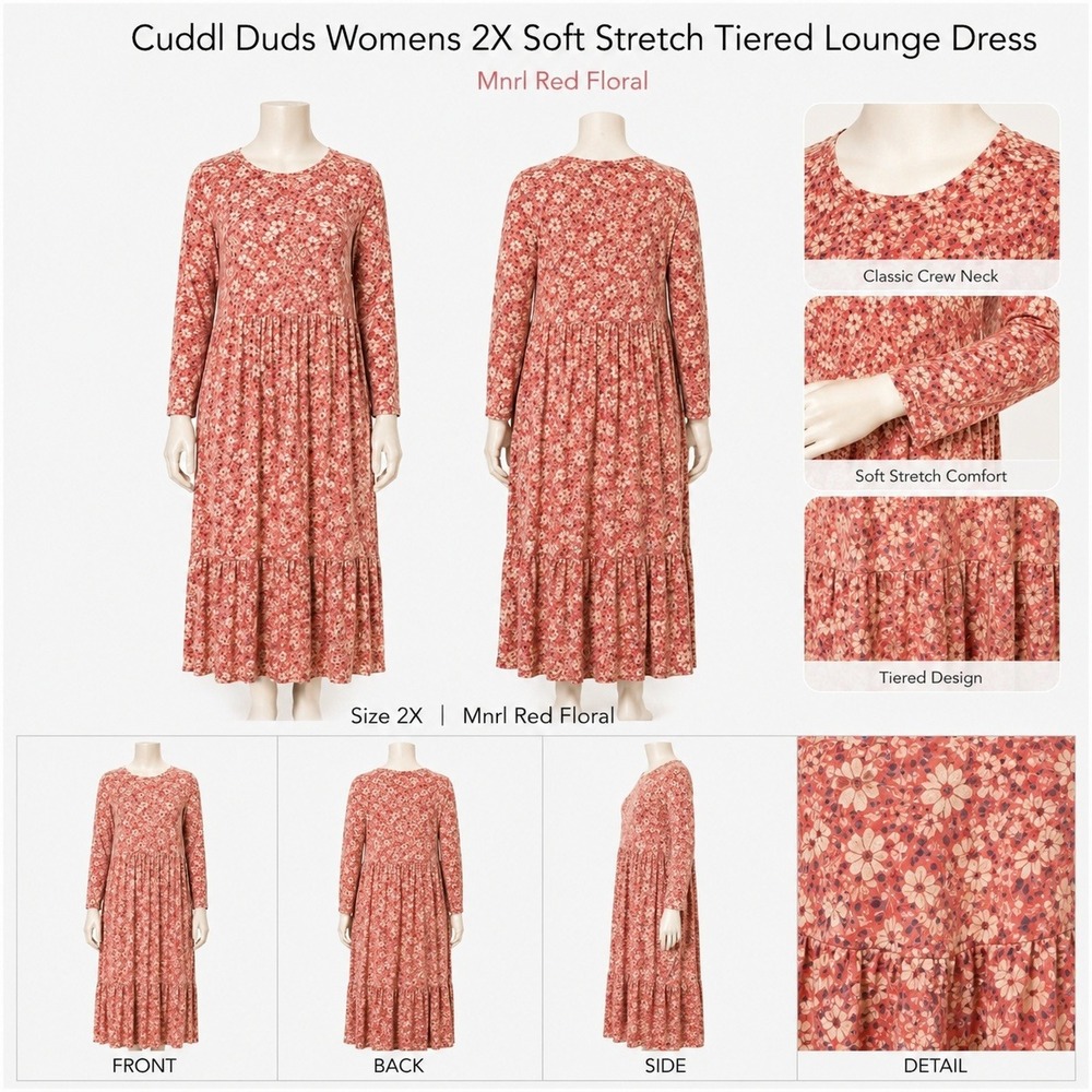 Cuddl Duds Womens 2X Soft Stretch Tiered‎ Lounge Dress Mineral Red Floral Midi